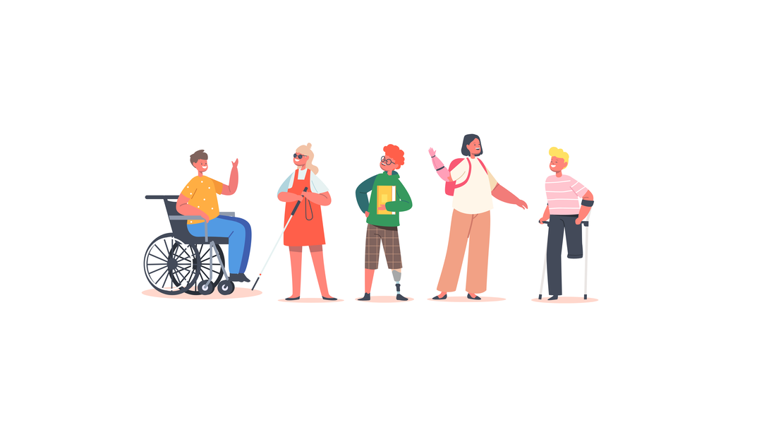 Illustrasjon: fem personer med ulike funksjonsnedsettelser oppstilt på en rekke. Kilde: Canva