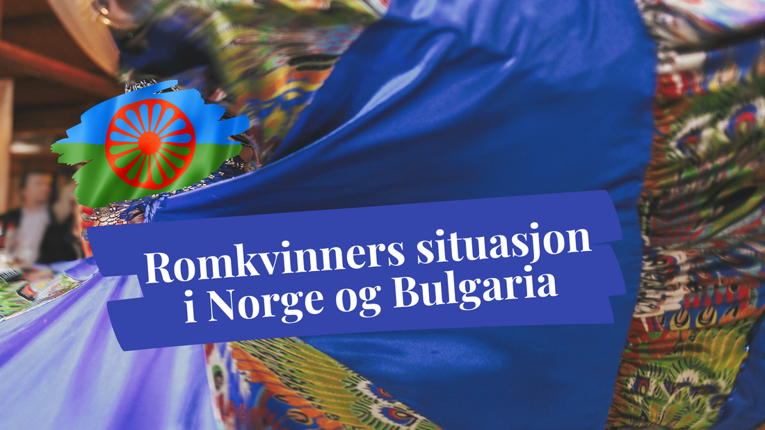 Et «uskarpt» bakgrunnsbilde av en dansende romkvinne i tradisjonell antrekk, romaniflaggmaleri og prosjekttittel «Romkvinners situasjon i Norge og Bulgaria» i midten.